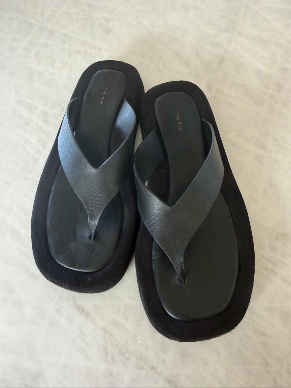 The Row Black Leather Thong Sandals with Cushioned Sole